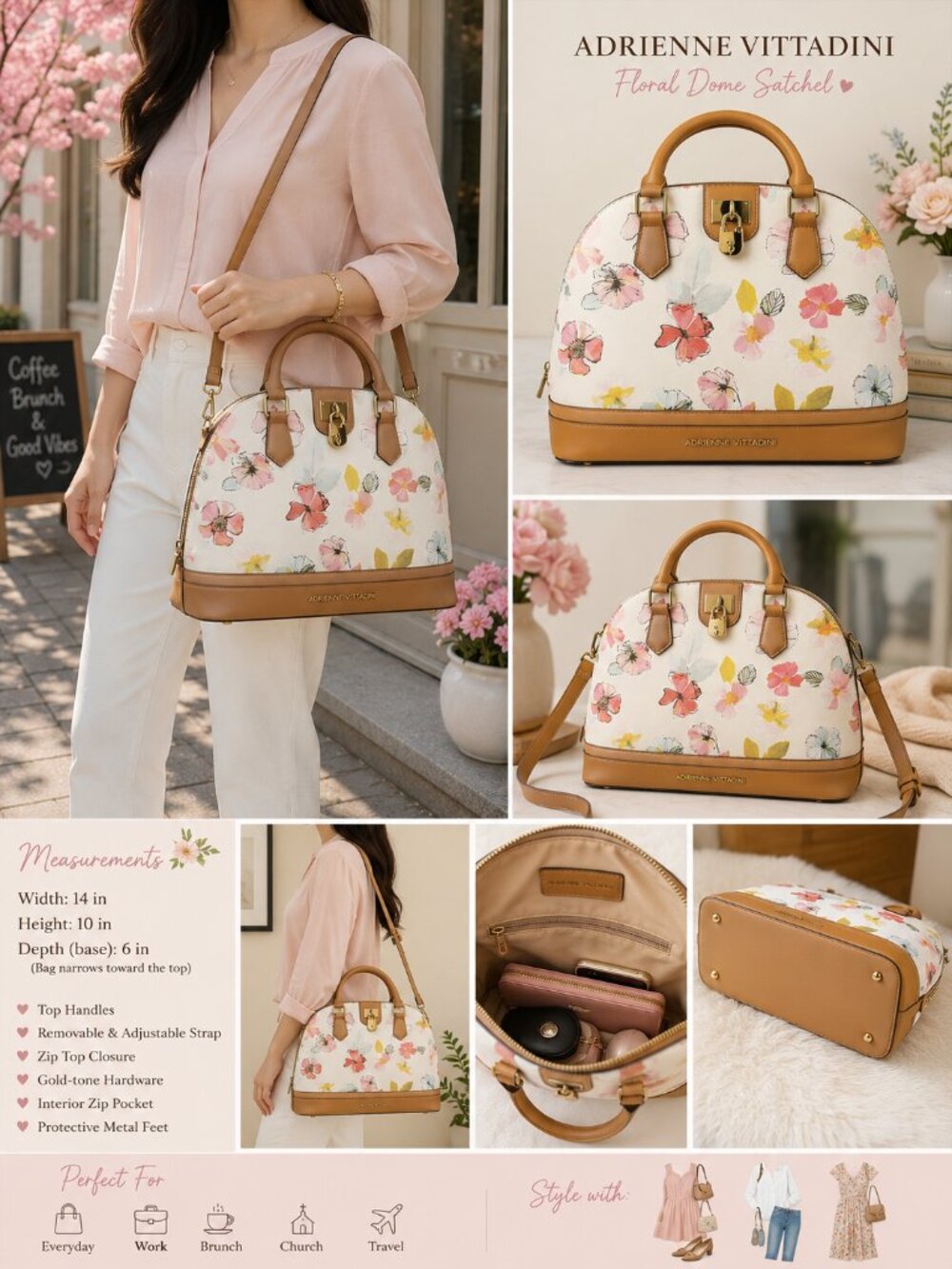 Adrienne Vittadini Floral Dome Satchel Crossbody Bag White Multi Pastel
